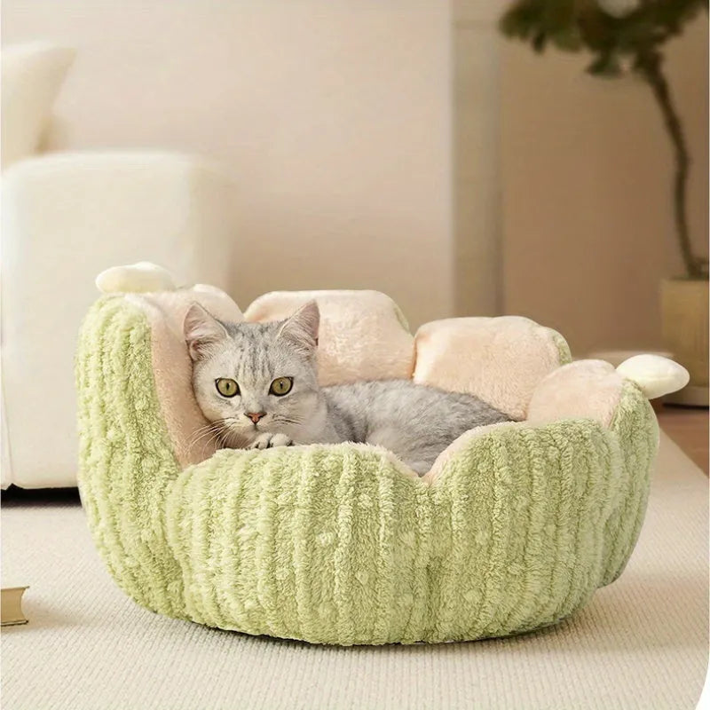 Green cactus pattern soft fabric cat kennel next to a purple one, showing large and small size options.