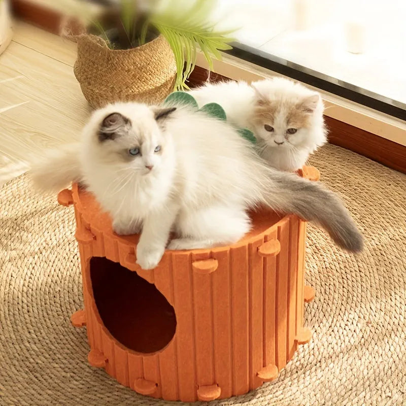 Grey needle-punched felt cat tunnel nest in a semi-enclosed cattery shape.
