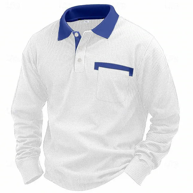 Man wearing a long-sleeved waffle-textured polo shirt in a loose fit with an asymmetric design detail.
