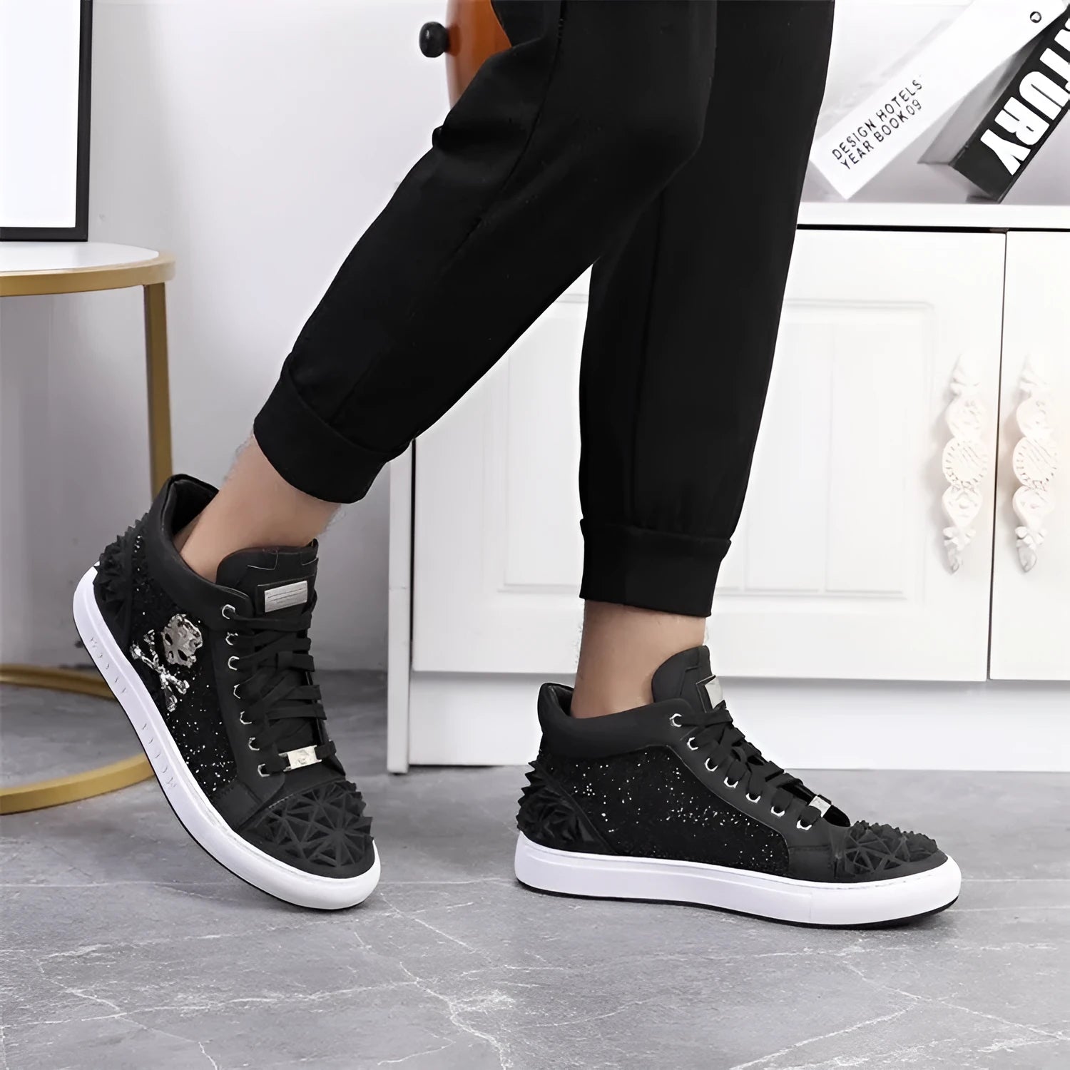Men's black genuine leather high top skeleton shoes with red accents and a lace-up front