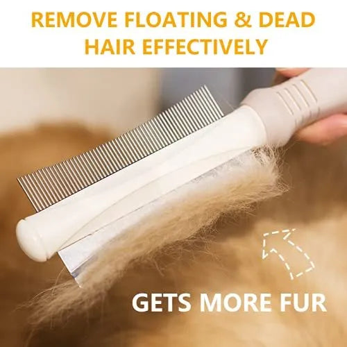 White double-sided dog and cat brush with curved comb and deshedding bristles on an ergonomic handle.
