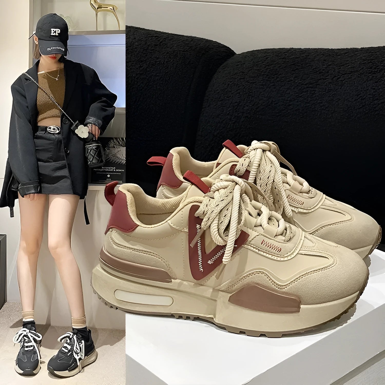 Women's black retro platform lace-up sneakers with a round toe and rubber sole.