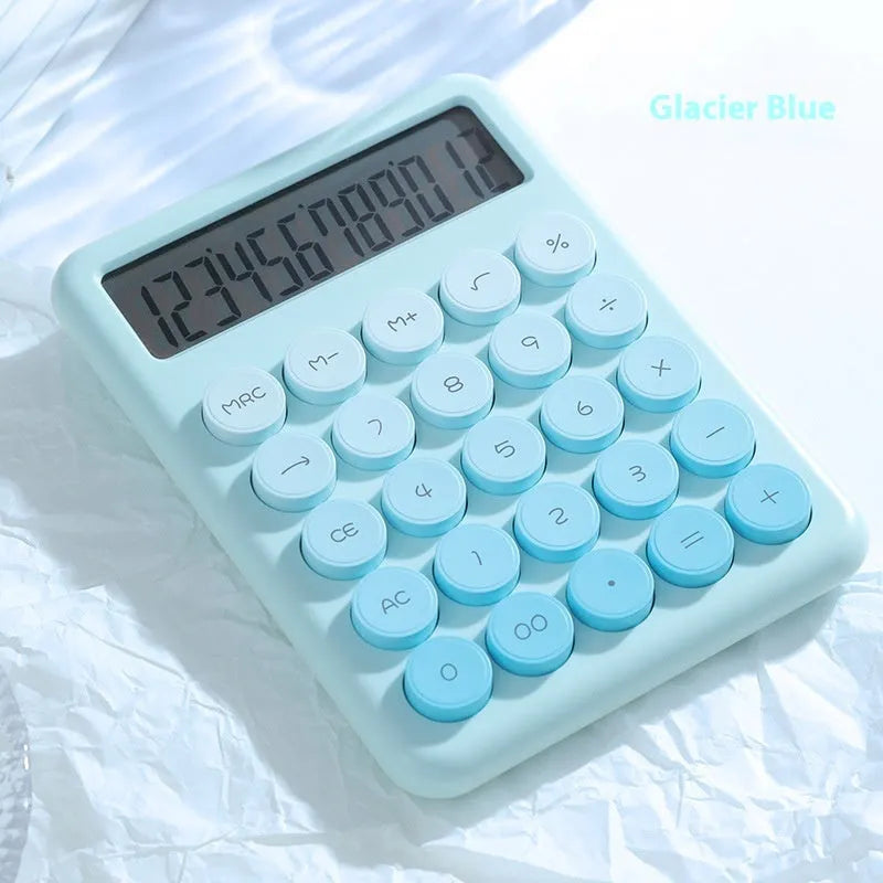 Desk calculator with gradient colour finish and 12-digit solar-powered display.