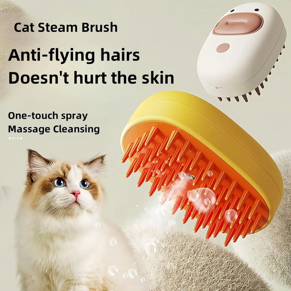 White or yellow pet steam brush with rubber teeth, water tank, and ergonomic handle for grooming dogs and cats