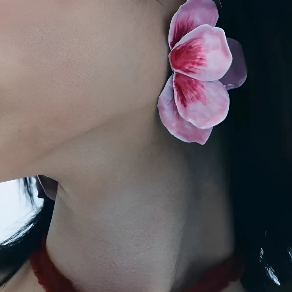 Pastoral style alloy flower stud earrings with oil-spot glaze finish in blue, green, purple, and rose colour options.