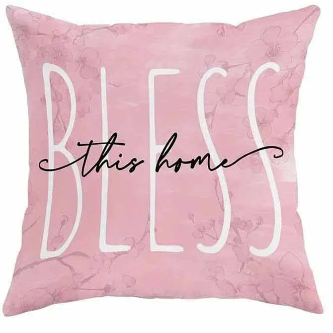 Square short velvet cushion cover with cherry blossom and letter print, 45x45cm.