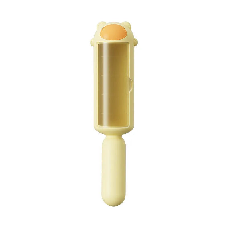 Blue pet hair remover roller with a self-cleaning base for furniture and cars.