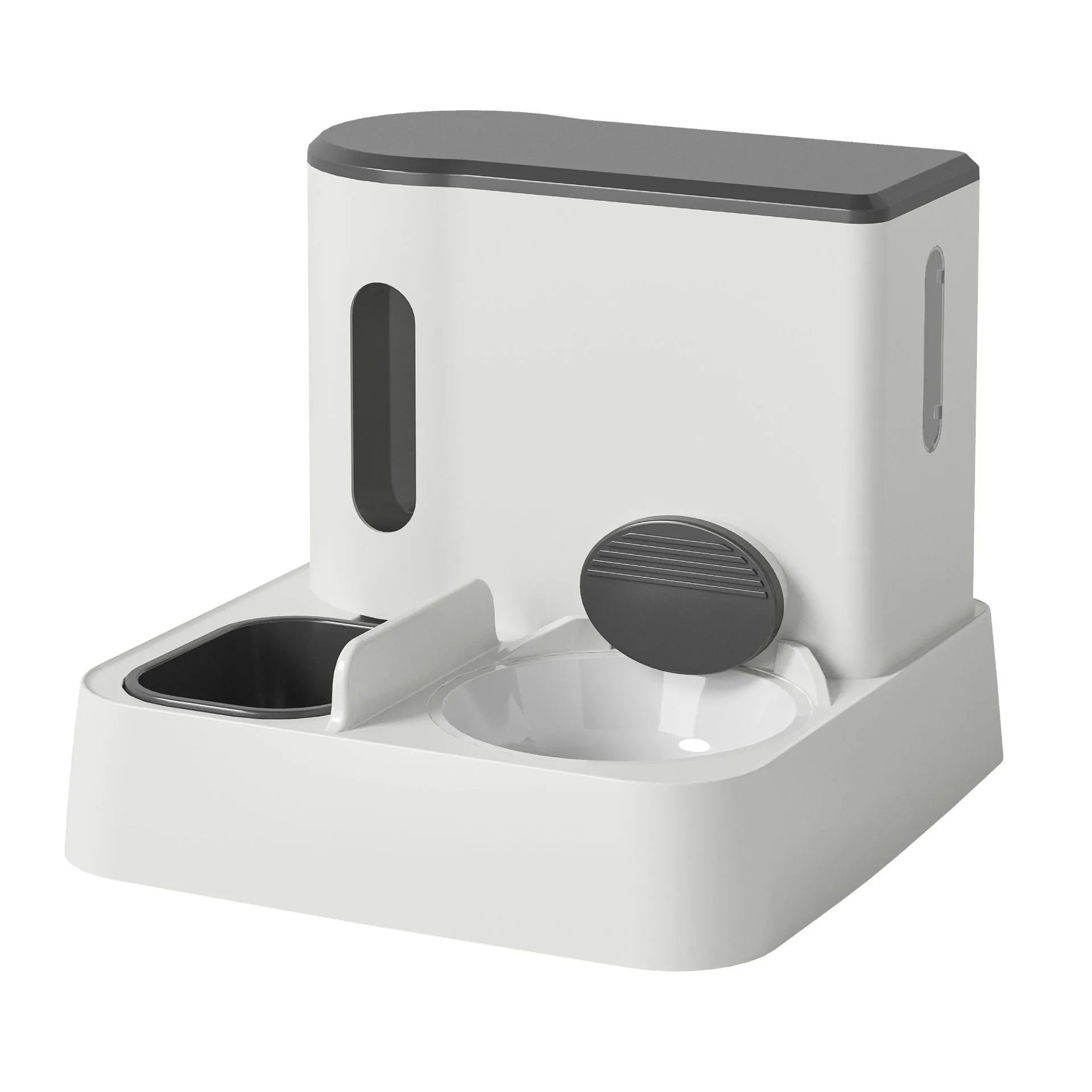 Grey automatic cat feeder and water dispenser double bowl unit on floor