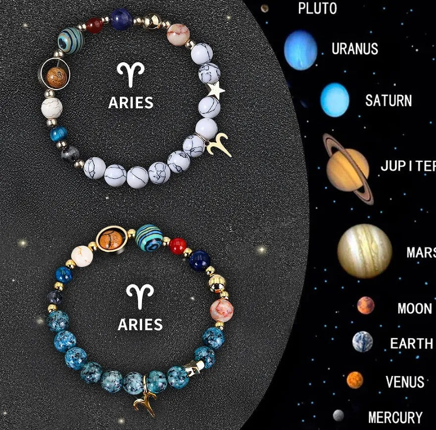Two handmade natural stone beaded bracelets from a set of twelve zodiac sign designs.
