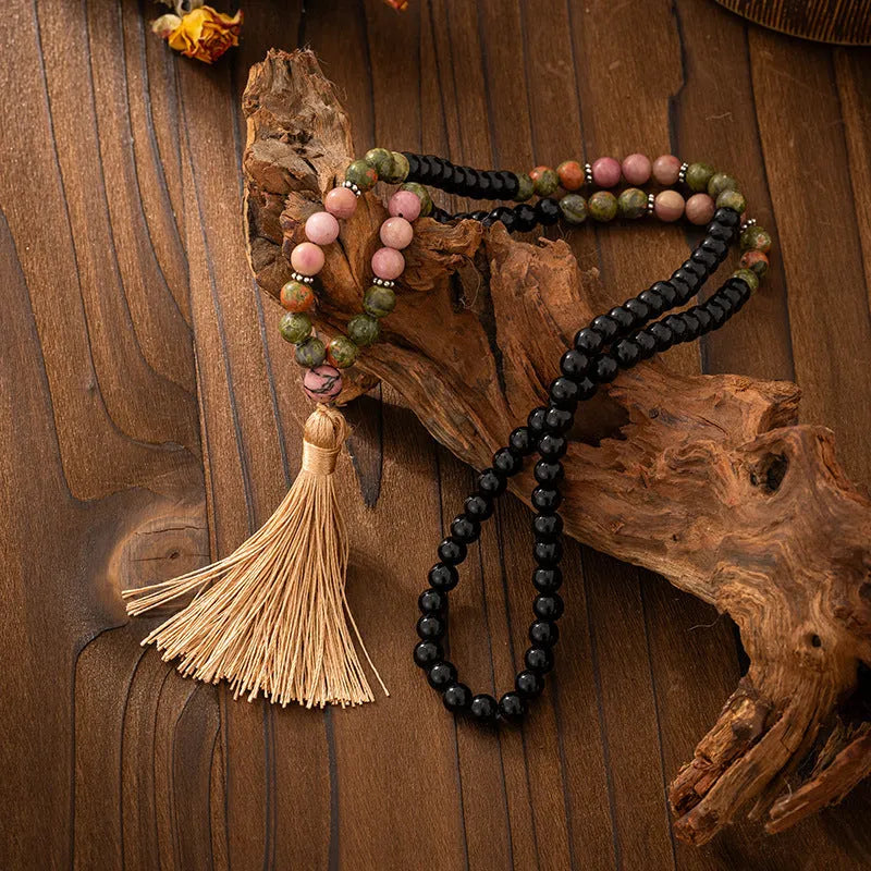 Vintage bohemian long beaded necklace and bracelet set in geometric ball chain design.