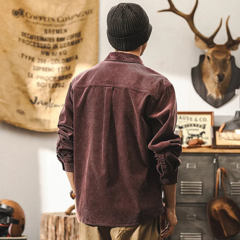 Men's retro corduroy shirt jacket in red or black colours with loose fit design