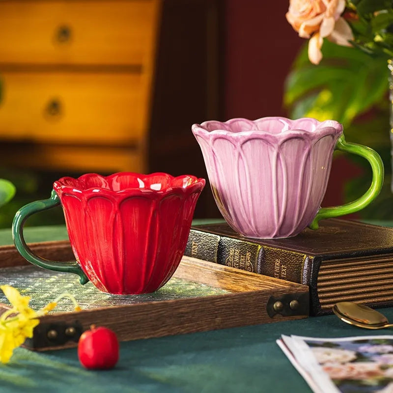 500ml pastoral pattern ceramic breakfast cup in red and purple colour options