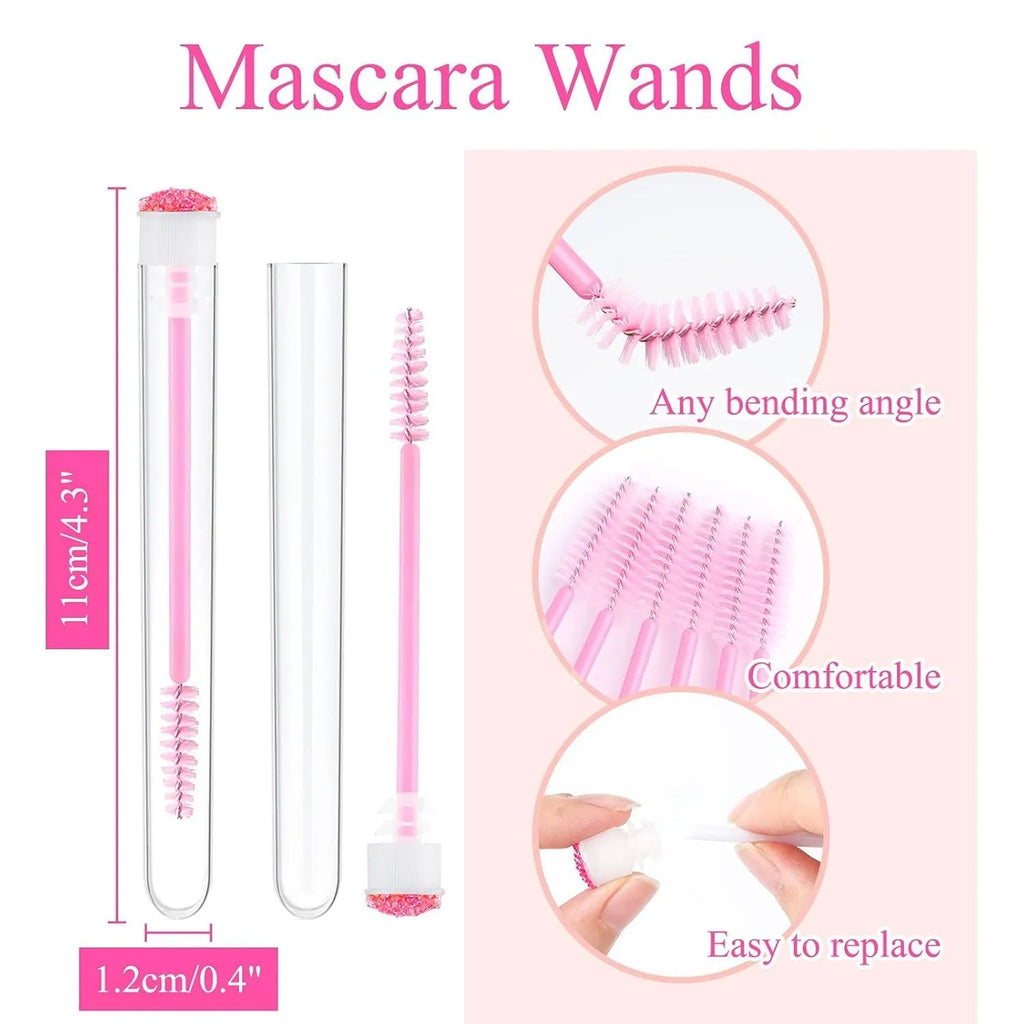 Set of coloured disposable mascara wands with clear plastic storage tubes