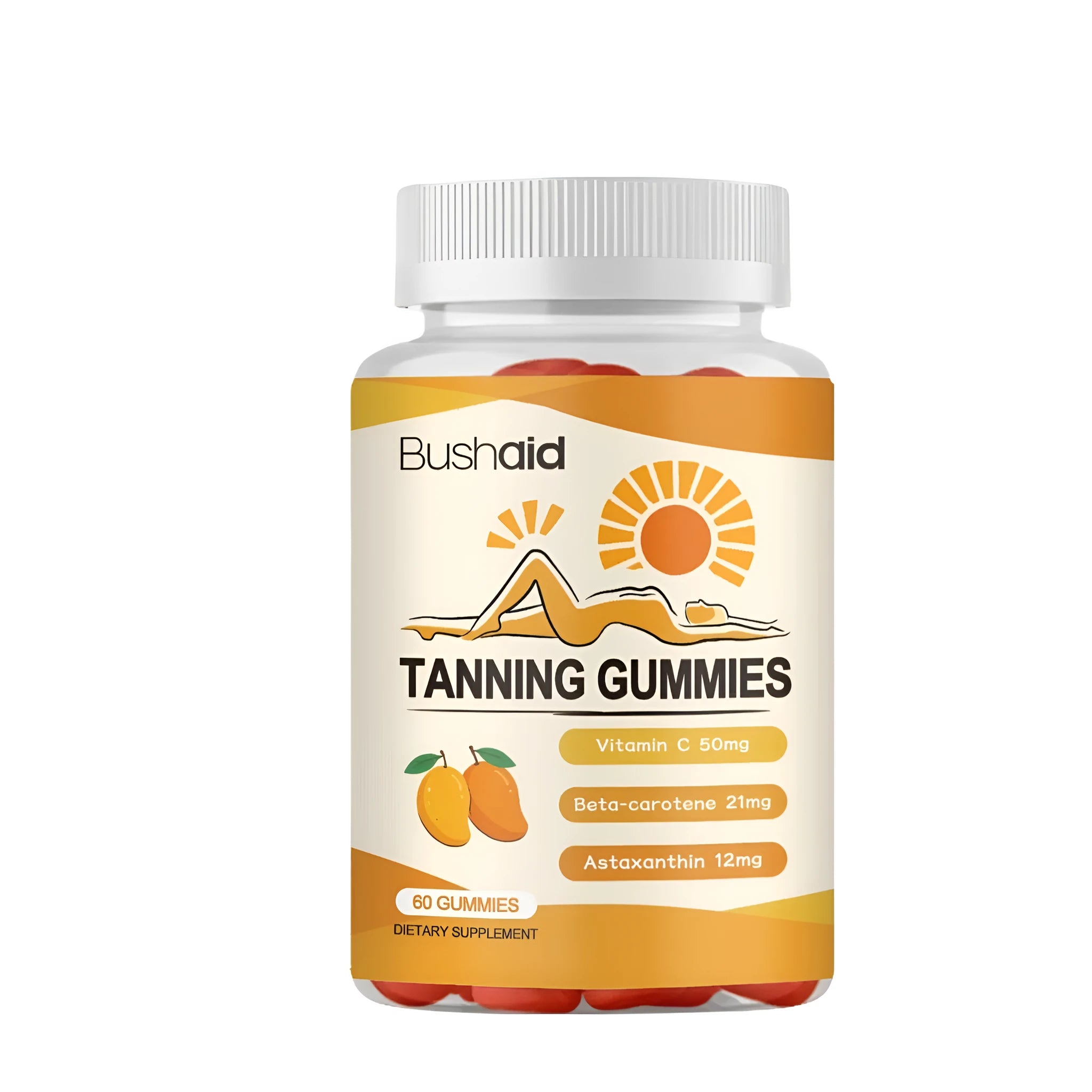 Container of 60 Meihei supplement gummies with white caps on a white background