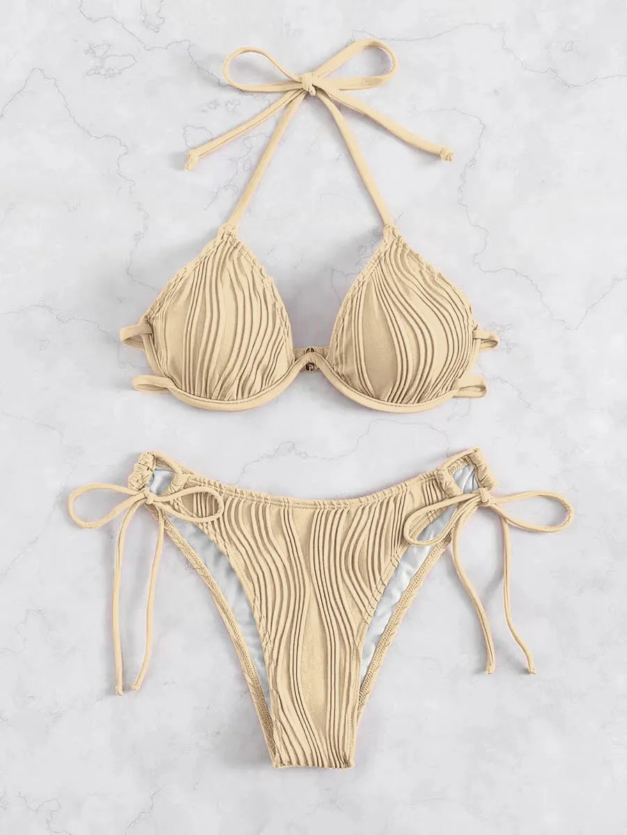 Women's steel bracket underwire split bikini swimsuit in various colours.