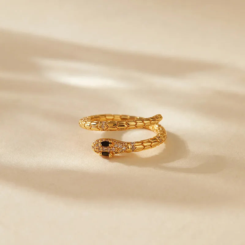 Adjustable copper snake ring with open mouth design and 18K gold colour retention