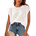 White women's crochet sleeve sweater with round neck and loose fit pullover design