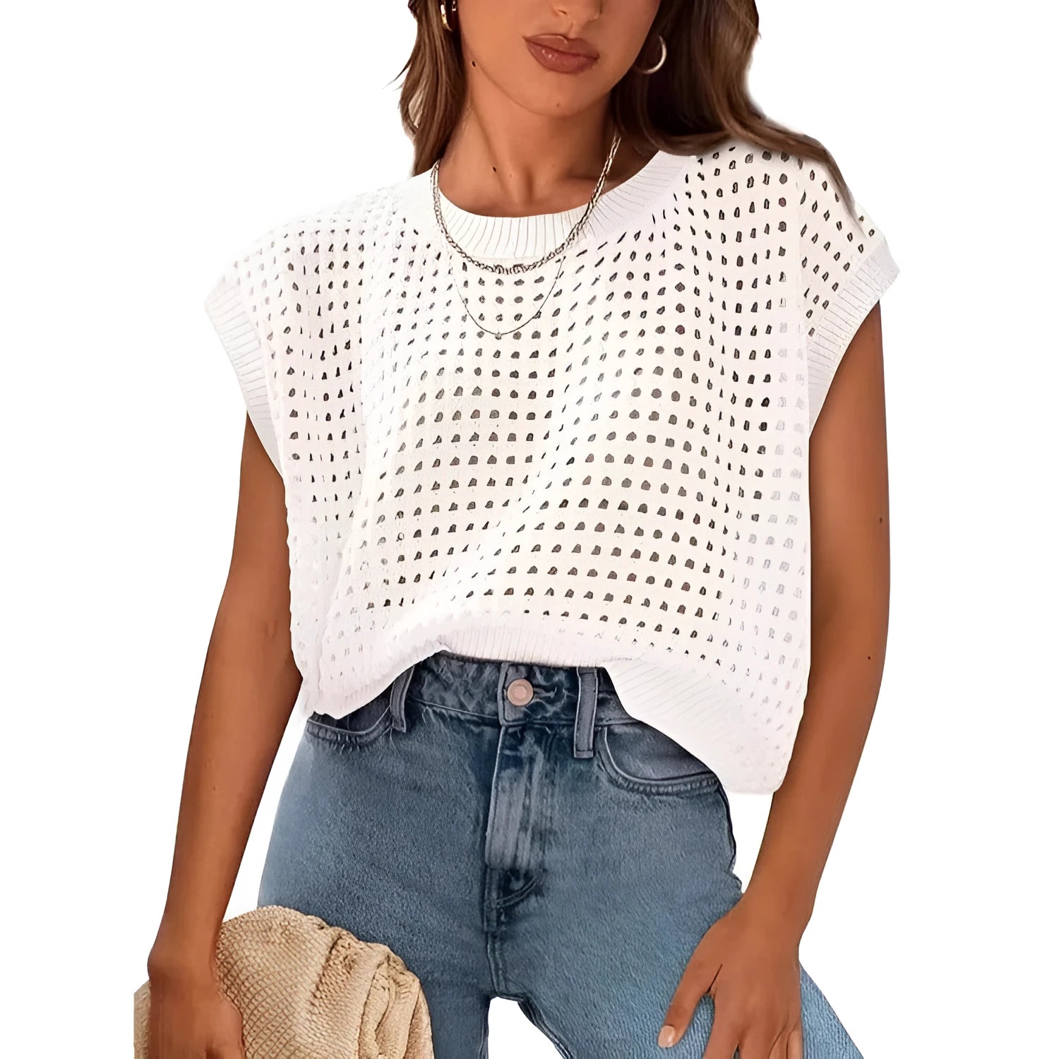 White women's crochet sleeve sweater with round neck and loose fit pullover design