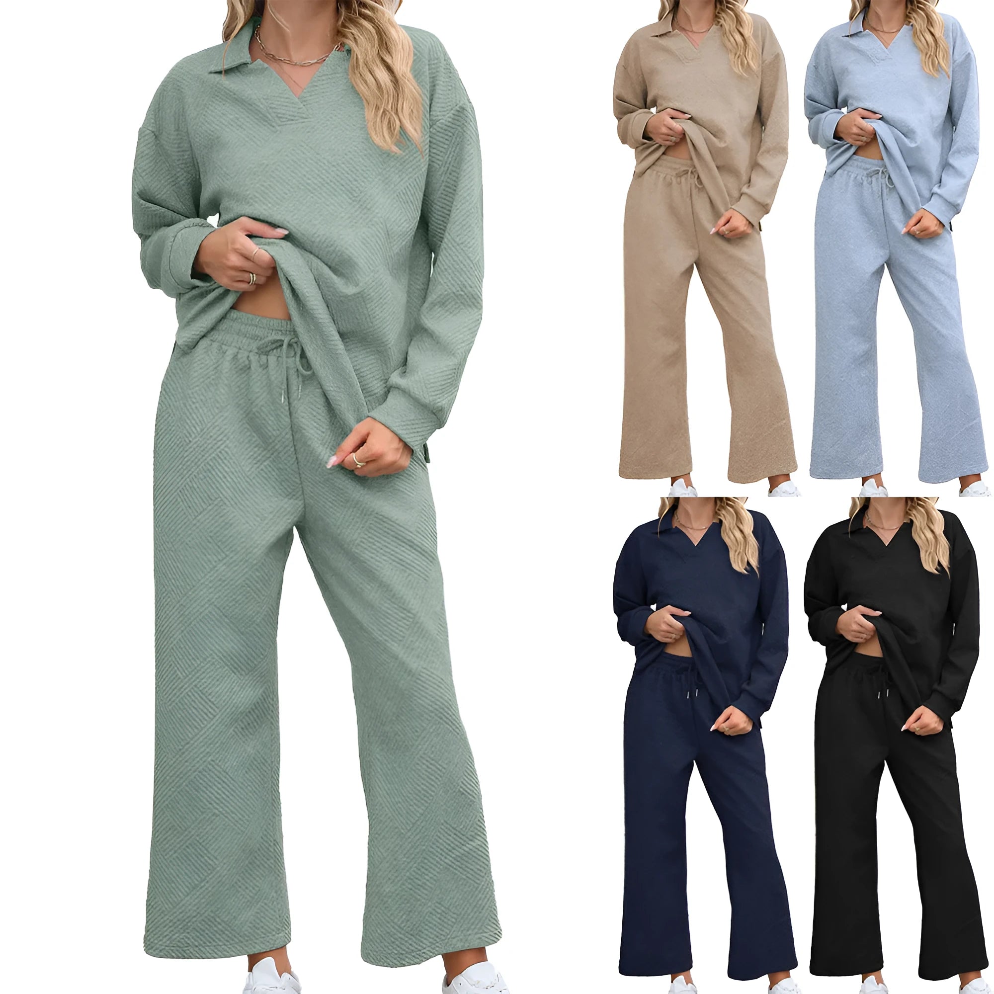 Women's black geometric pattern knitted suit set with long sleeve top and elastic waist cropped trousers.