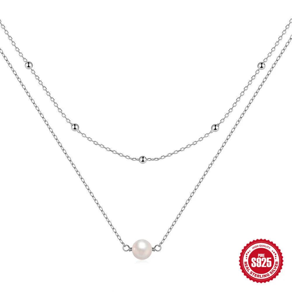 S925 sterling silver double layer twin pearl necklace with geometric pendant on ball bead chain