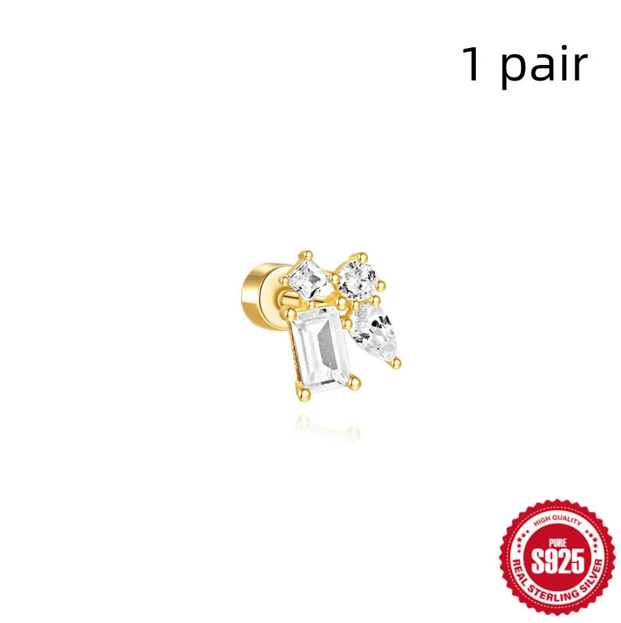 S925 sterling silver flat column geometric ear bone studs with threaded post in gold tone finish