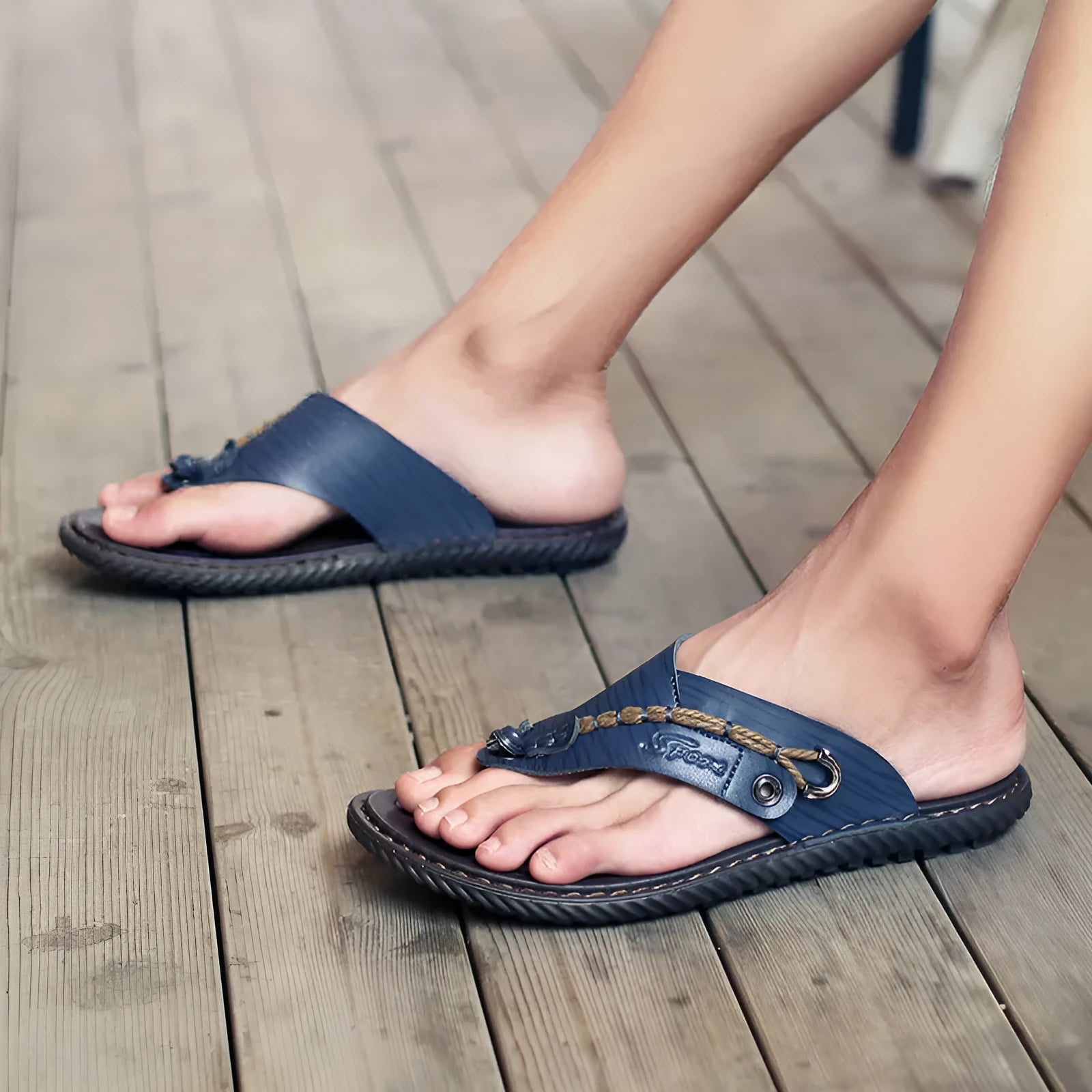 Men's non-slip lightweight slippers in PU leather, shown in black, blue, khaki, and light brown colours.