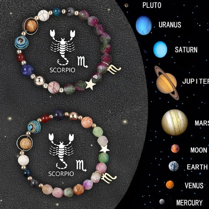 Natural stone beaded bracelets with zodiac symbols on stretchy elastic cord, showing two bracelets in set.