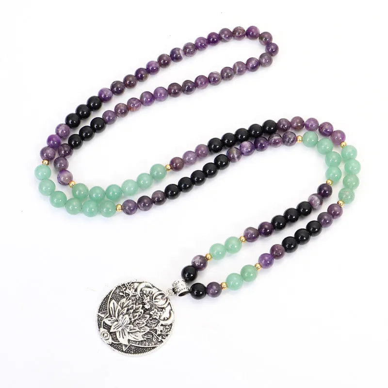 Yoga lotus pendant necklace and matching bracelet set with stone beads and adjustable length