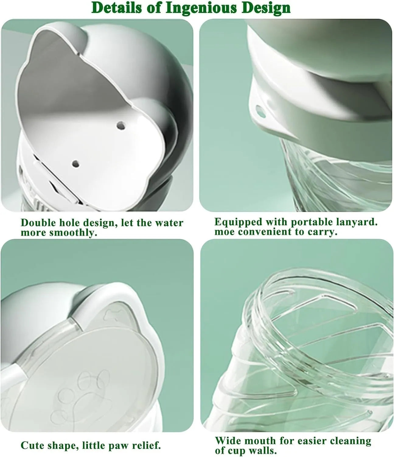 Green 3-in-1 portable pet water bottle with food container and waste bag dispenser, held by its hand strap.