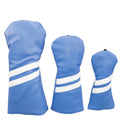 Golf wood head cover with two oblique stripes in blue, shown next to size and colour options.