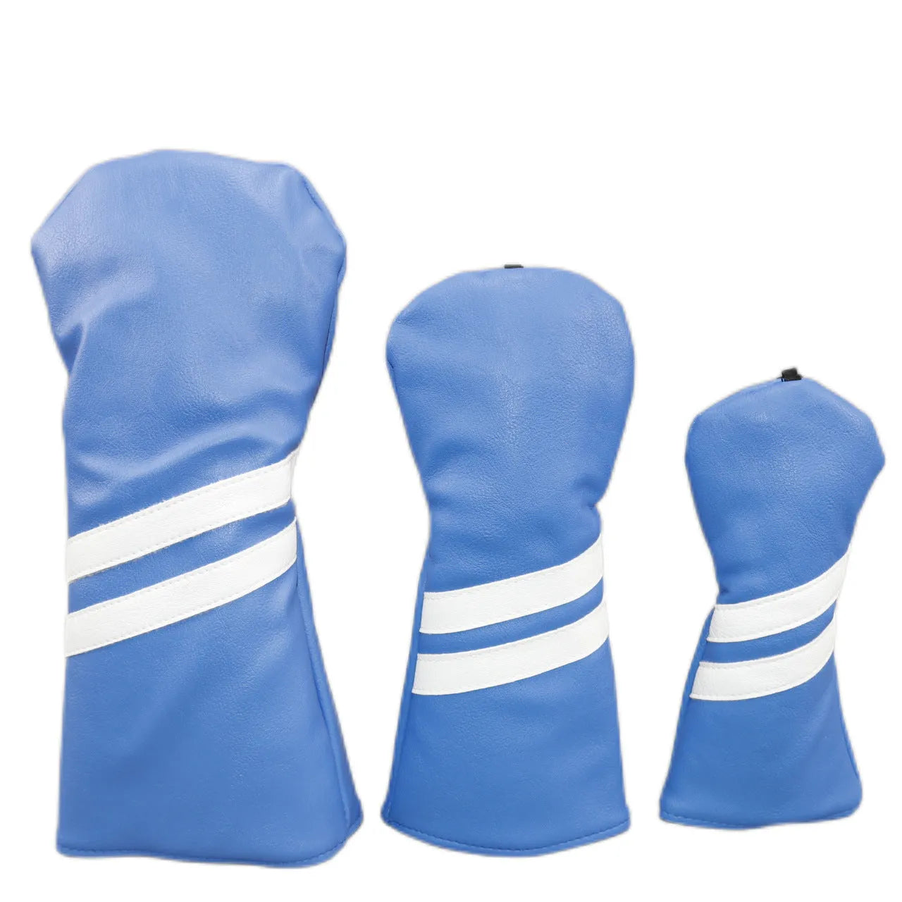 Golf wood head cover with two oblique stripes in blue, shown next to size and colour options.