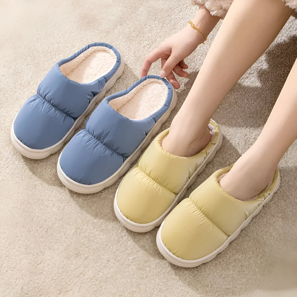 Down cotton plush slippers with thick rubber soles in blue, green, grey, pink, or yellow colours