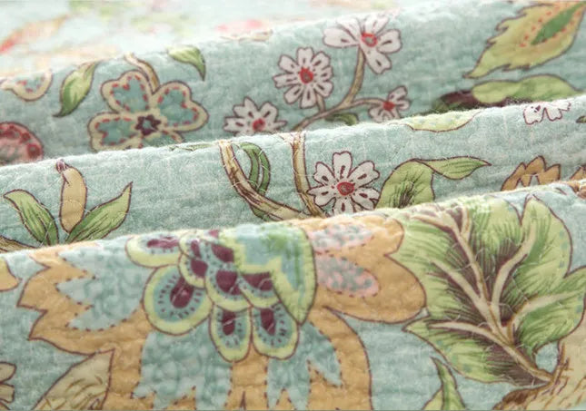 Blue American folk style cotton bedspread with floral bird pattern, three-piece set