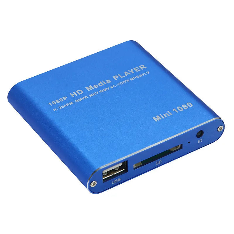 Blue 1080p HDMI media player with USB and SD card slots on compact all-metal chassis