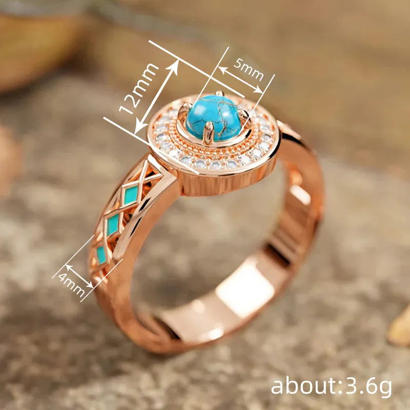 Rose gold women's turquoise ethnic style ring with geometric shapes and inlaid zircon decoration