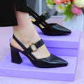 Women's apricot coloured closed toe sandals with a chunky heel, made from pigskin leather.