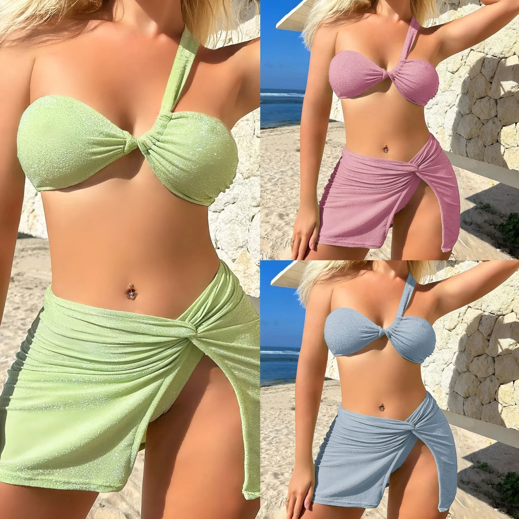 Women's one-shoulder tube top three-piece swimsuit set in glossy polyester with matching skirt