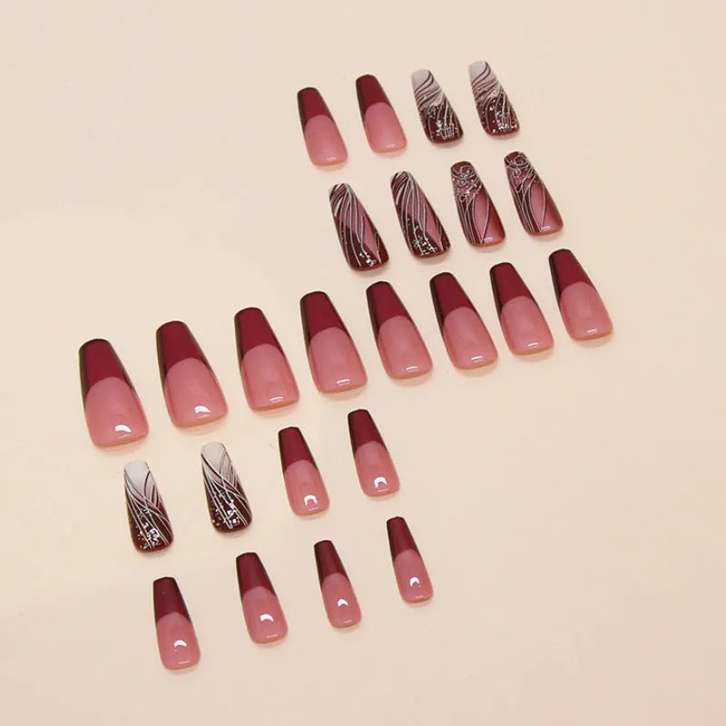French line pattern fake nails with glue on white background