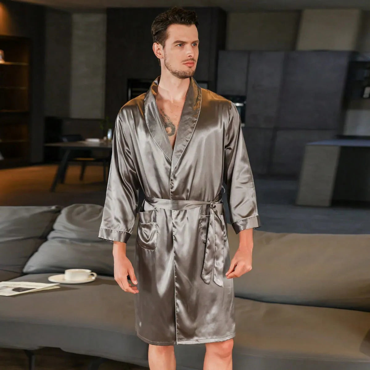Men's lightweight rayon bathrobe for summer in various colour options showing simple construction