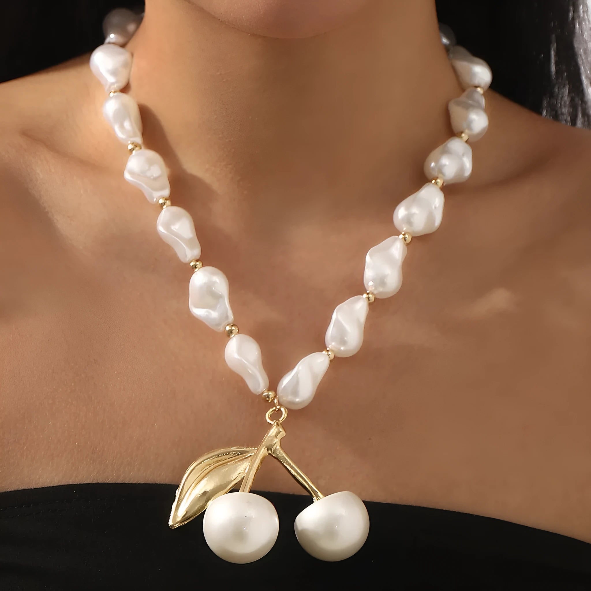 Women's adjustable pearl cherry fruit necklace with geometric pendant on 51-60cm chain