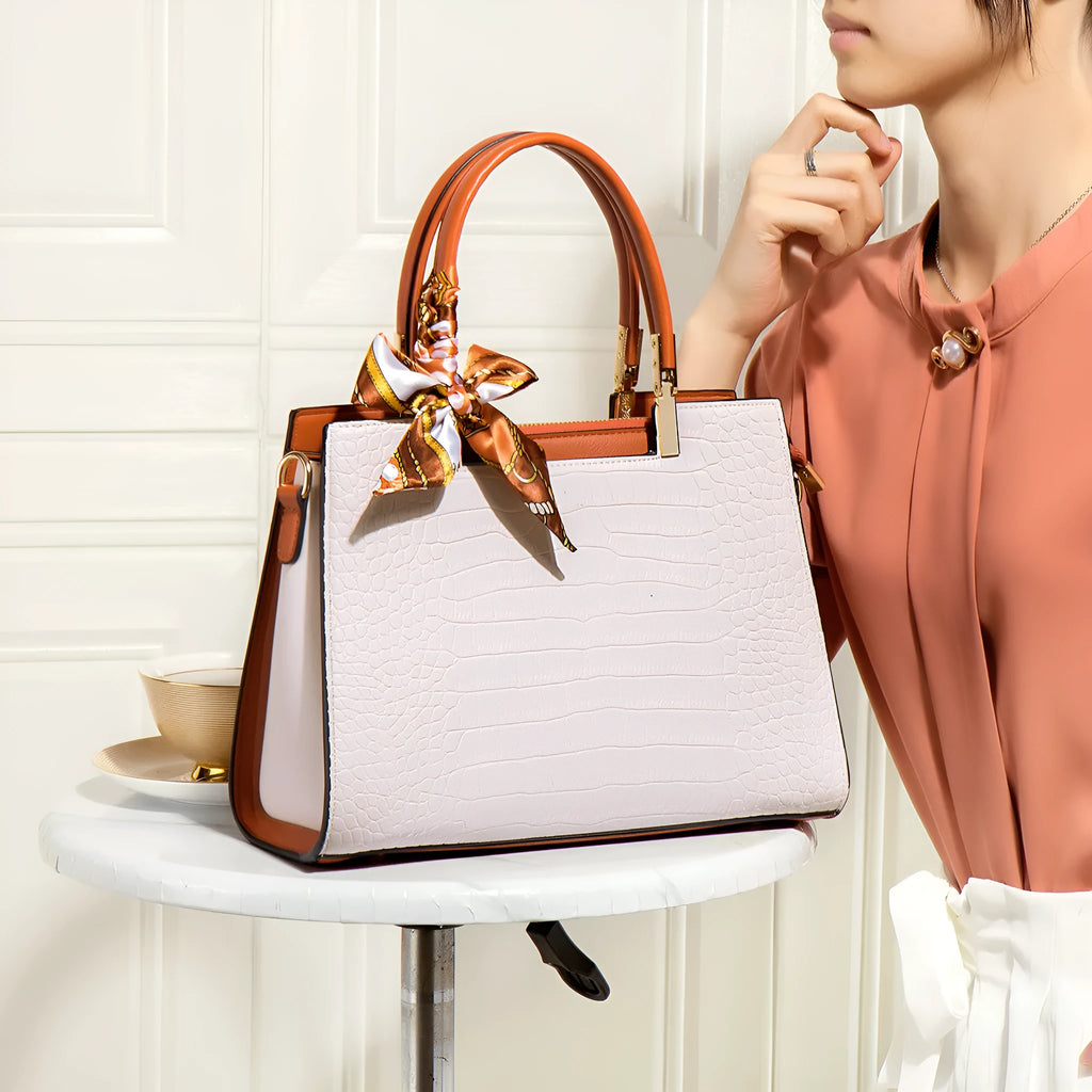 Milky white women's large square shoulder handbag made of PU with visible stitching and an external slit pocket.