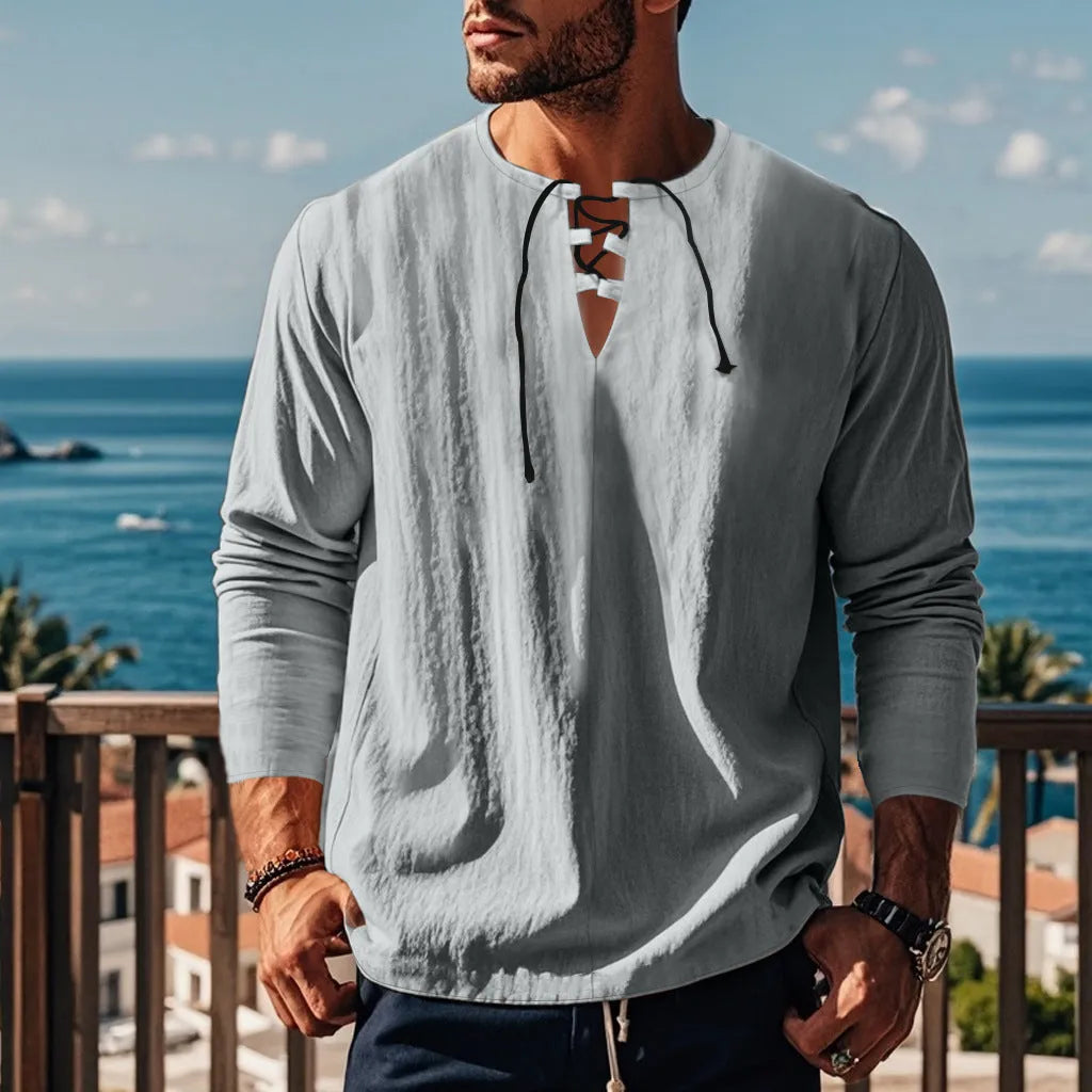 Men's solid colour cotton linen blend beach shirt in loose pullover style shown in army green