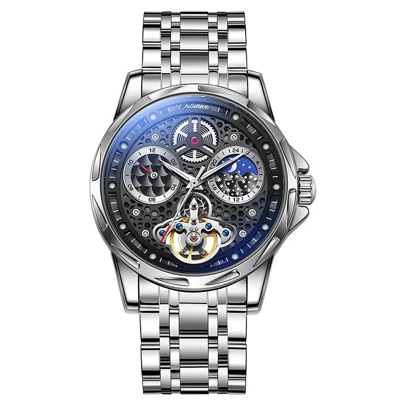 Men's automatic business watch with luminous dial and choice of steel or leather strap in black or white