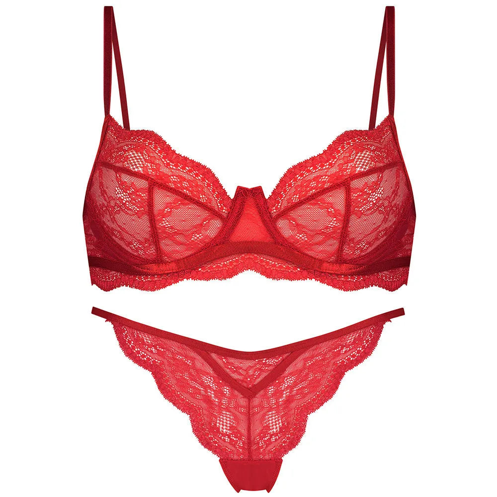 Women's black nylon French bra bikini set with fixed double shoulder straps.