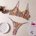 Floral bra set with steel ring T-back in polyester mesh fabric showing 3/4 moulded cup design