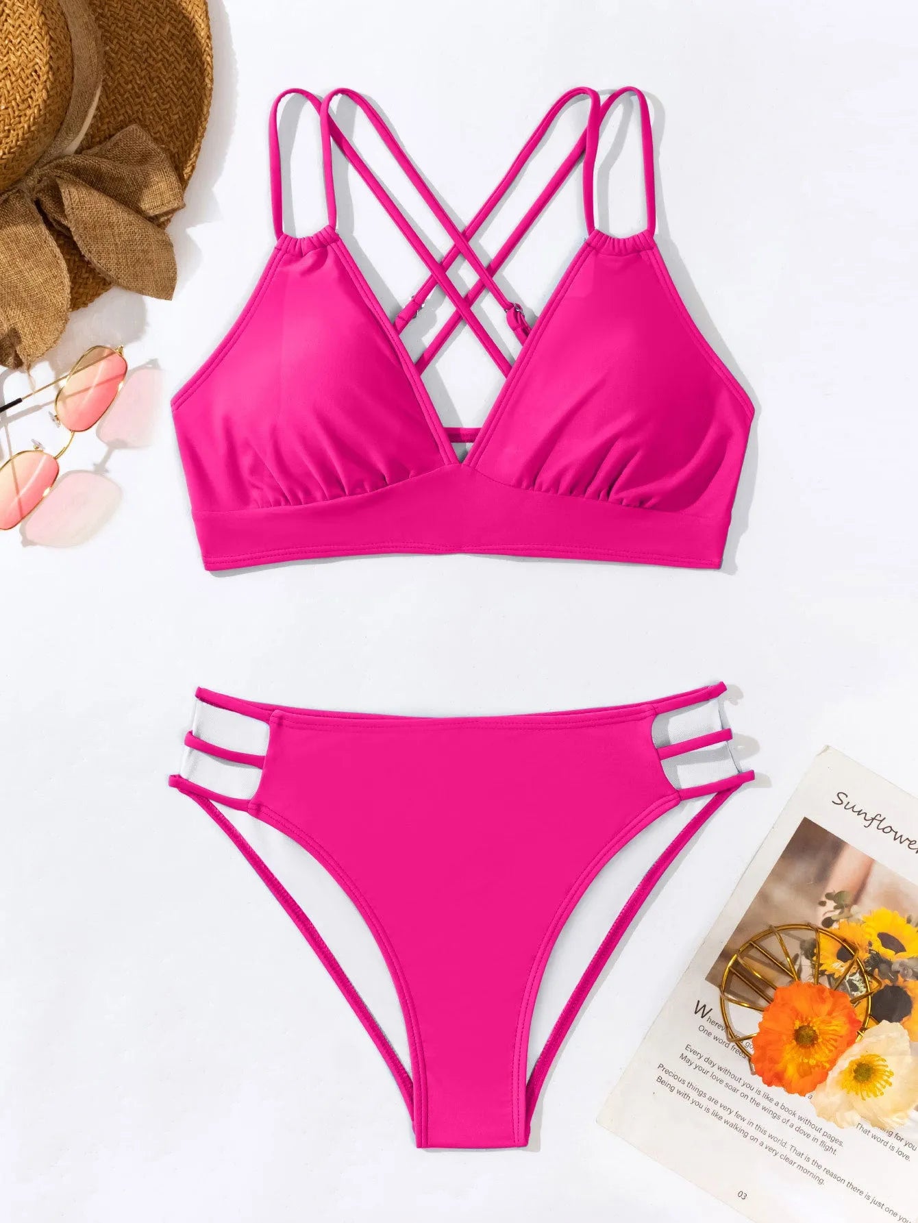 Women's V-neck halter bikini swimsuit in nylon fabric on mannequin