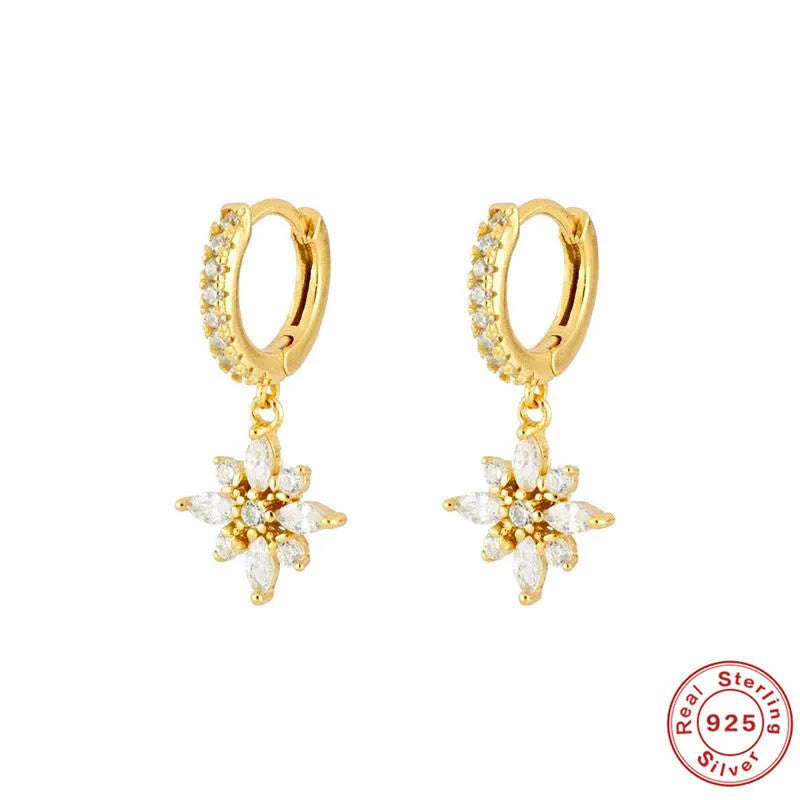 S925 sterling silver diamond snowflake pendant earrings with gemstone inlay in geometric design