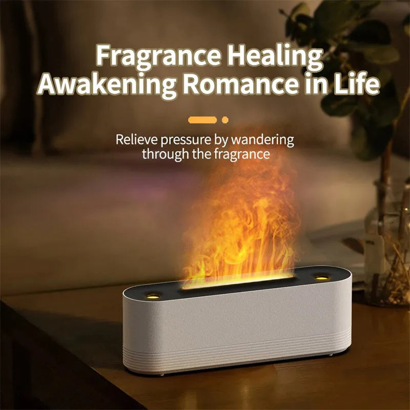 Black and white flame effect LED humidifier with ultrasonic mist and essential oil diffuser