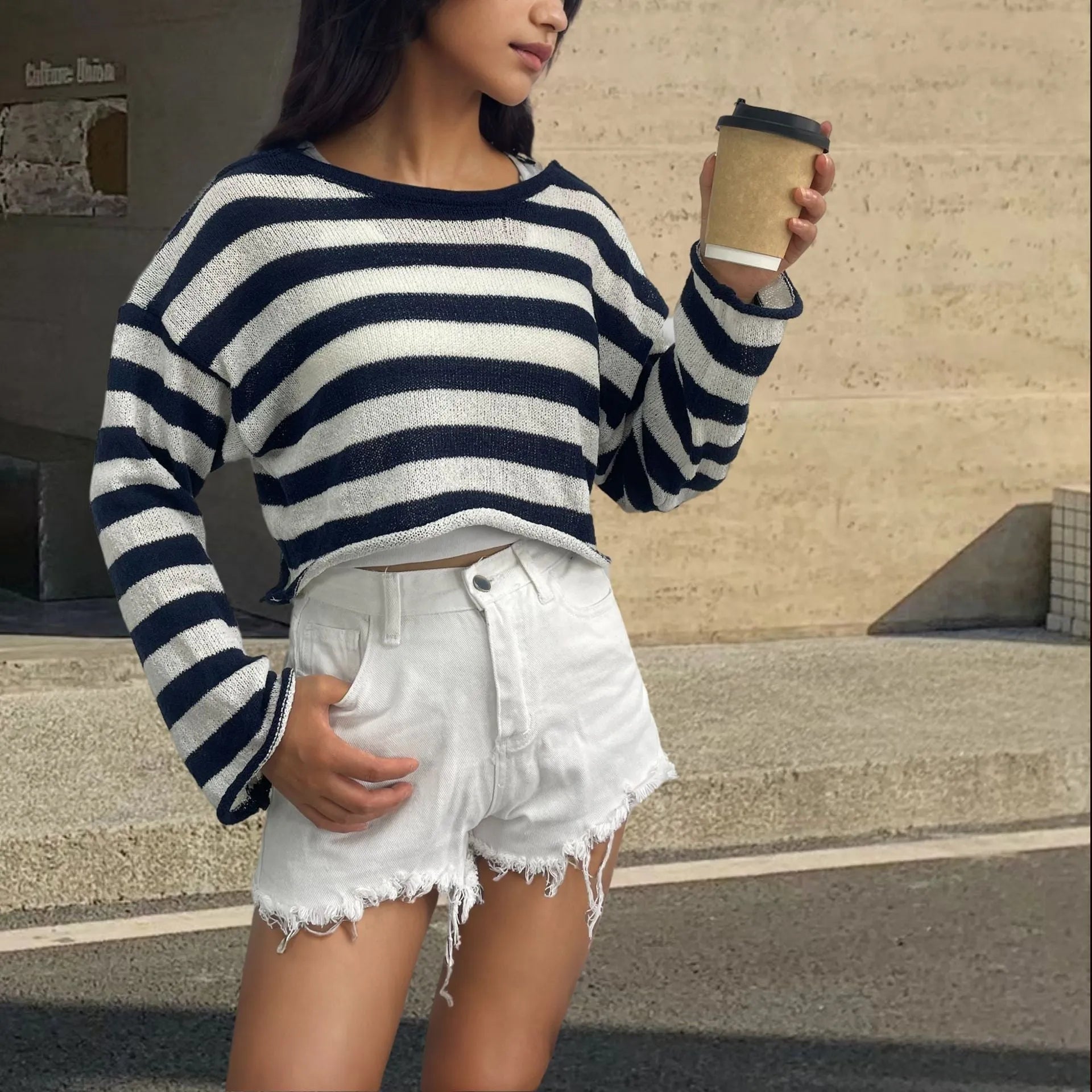 Striped long-sleeved cotton sweater with front and back wearable design and exposed navel detail
