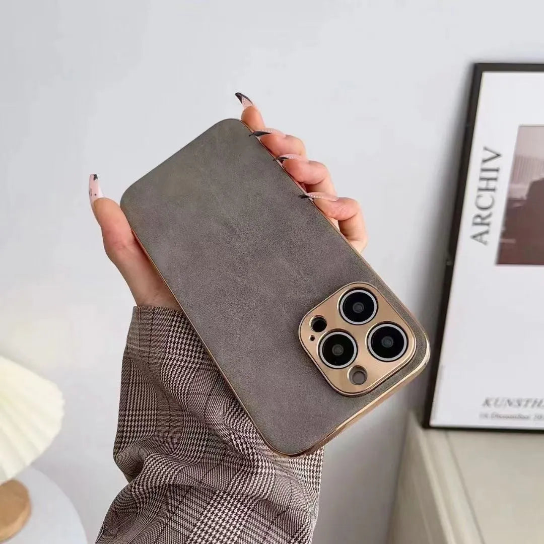 Leather texture iPhone case in grey, black, grey-green, or blue colours showing front and back views